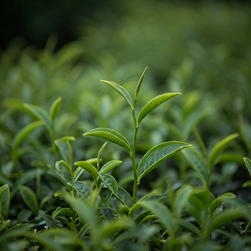 Close up of refreshing green tea leaves with dew drops